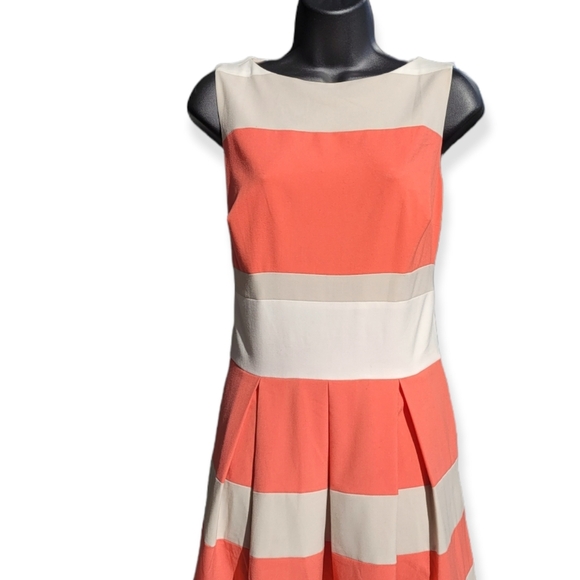 LRL Ralph Lauren Womens A Line Dress Coral Beige Stripe Pleated Zip Size 8. - Picture 2 of 3
